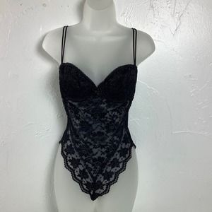 Vintage Lily of France Bodysuit Body shaper black Lace SZ 36C EUC